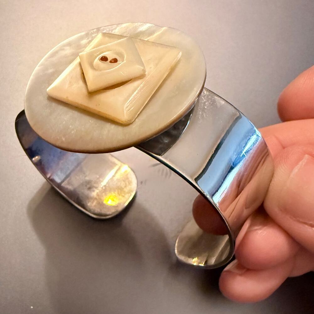 Handcrafted Modernist Mother of Pearl Button Cuff Bracelet